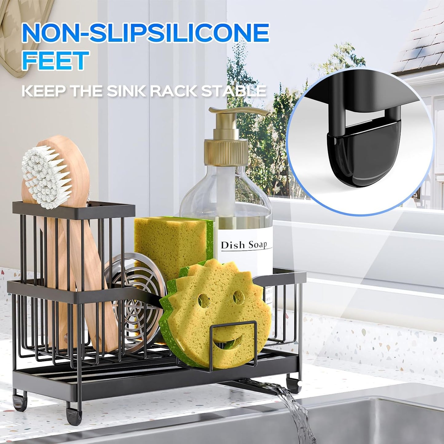 Maifan Kitchen Sink Caddy Organzier Sponge Holder for Kitchen Sink with High Brush Holder