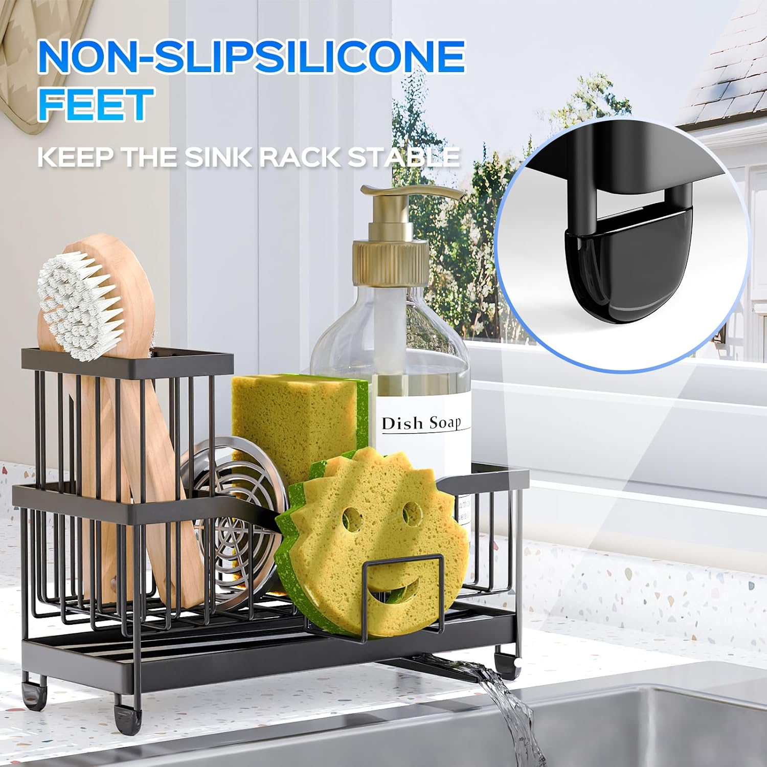 Maifan Kitchen Sink Caddy Organzier Sponge Holder for Kitchen Sink with High Brush Holder