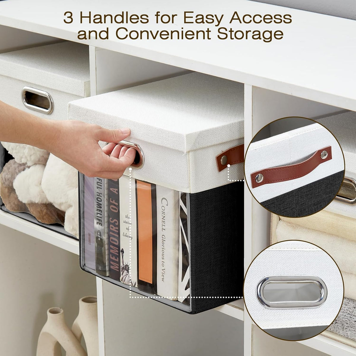 Fabric Storage Cubes with Clear Windows and Lids 11'' Foldable Storage Bins with 3 Handles