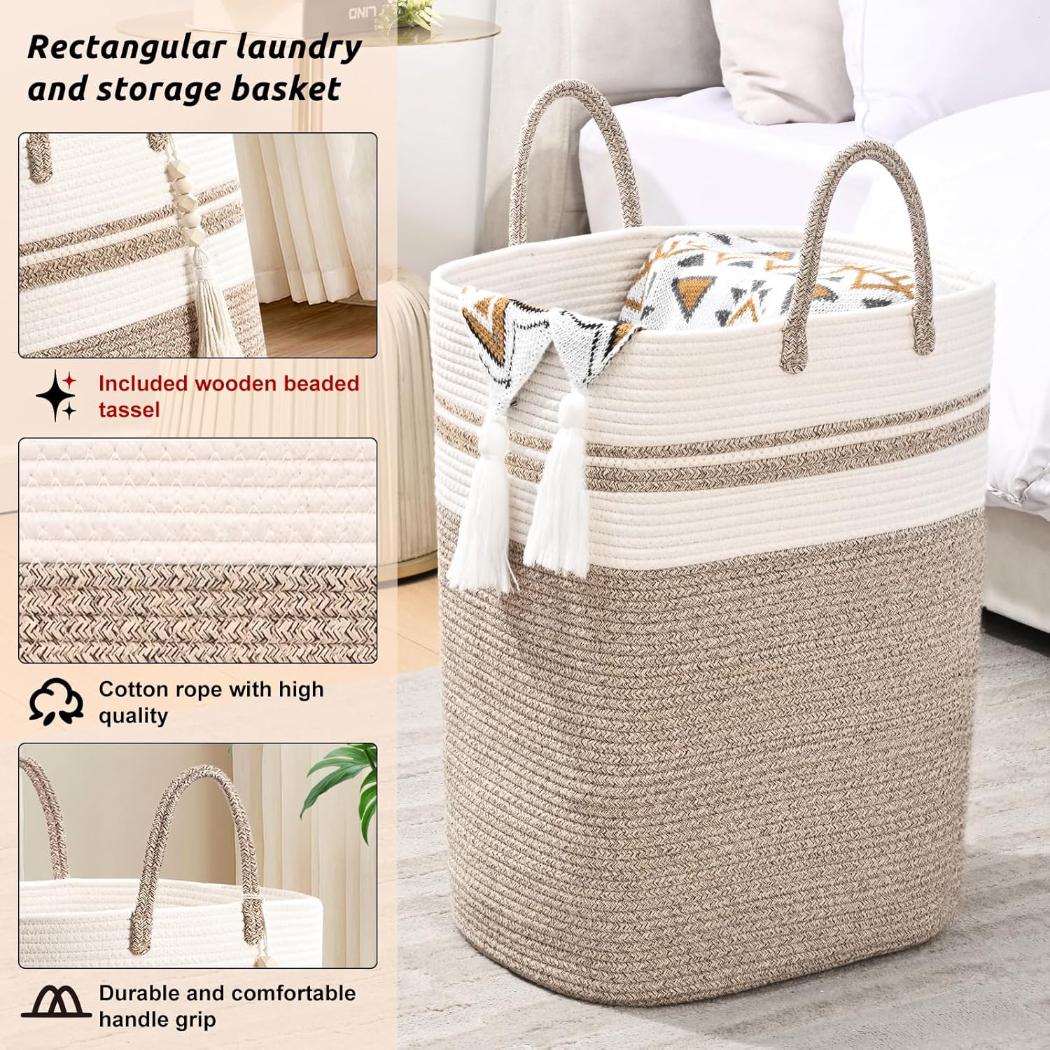 Woven Laundry Basket for Clothes, 65L Large Rectangle Laundry Hampers, Nursery Storage Basket for