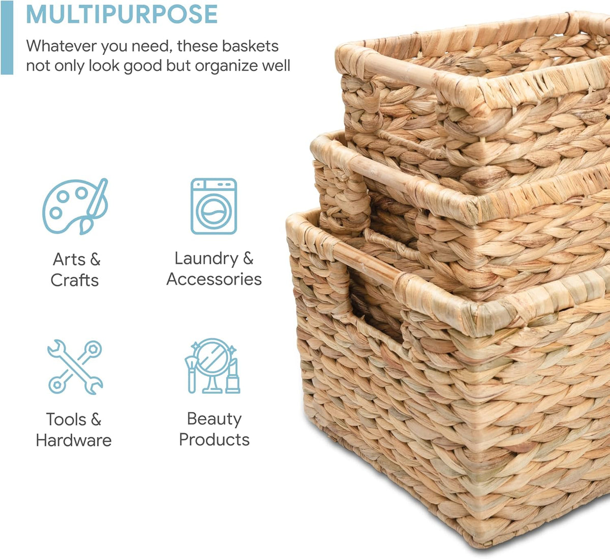 Water Hyacinth Storage Baskets with Wooden Handles, Rectangular Woven Organizer Bins for Closet