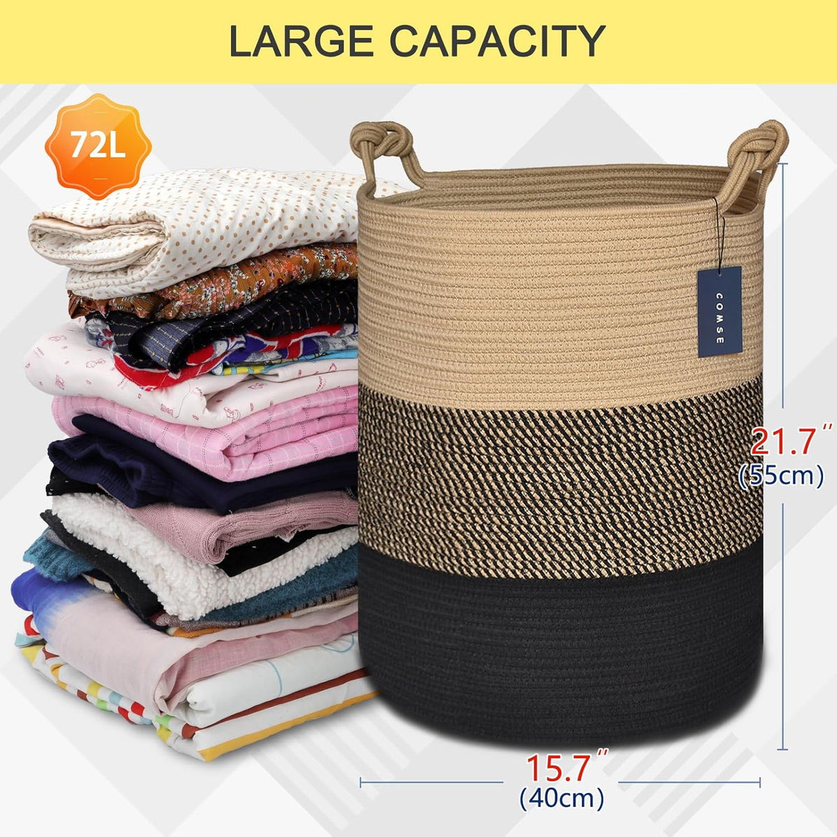 COMSE Extra Large Blanket Basket, Tall Woven Storage Basket, Nursery Hamper, 15.7”x 21.7”, Cotton