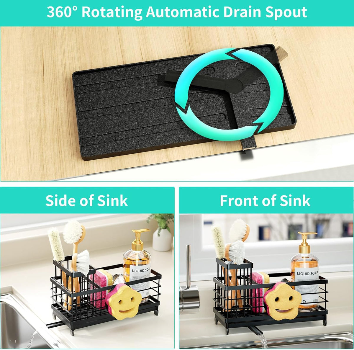 HapiRm Sponge Holder for Kitchen Sink - Self-draining Sink Caddy with Smiley Face and Brush Holder