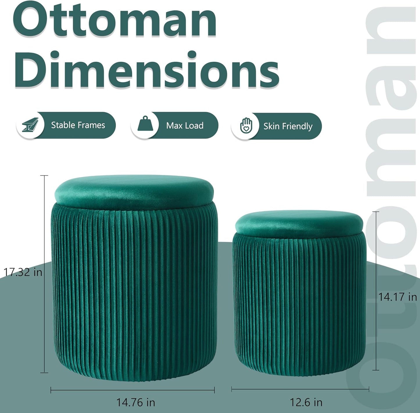Royal Windsor Round Ottoman with Storage Set of 2,Vanity Stool with Storage for Bedroom, Ottoman