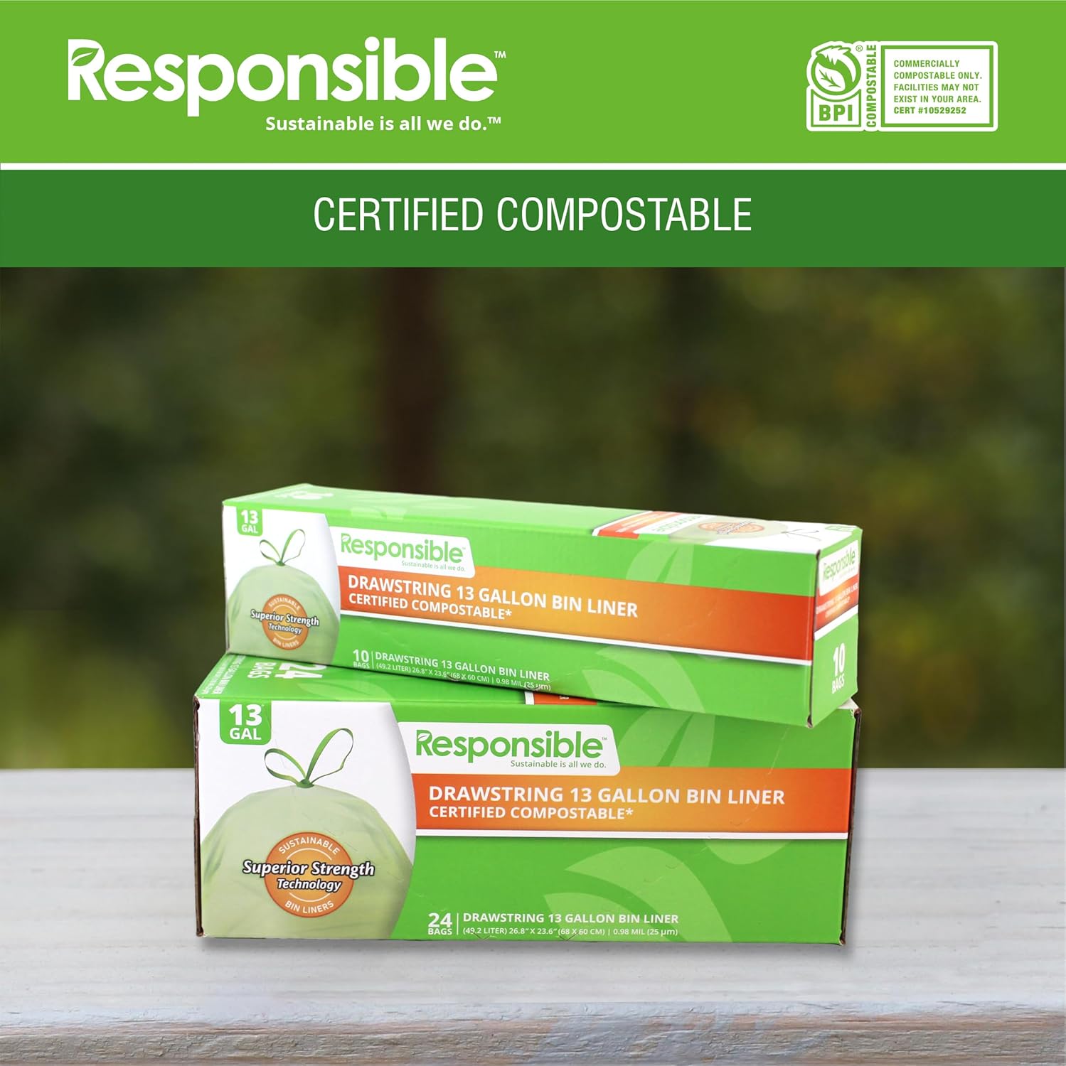Responsible Products Kitchen Bin Liners, Certified Compostable, Heavy Duty Multipurpose Food Scrap