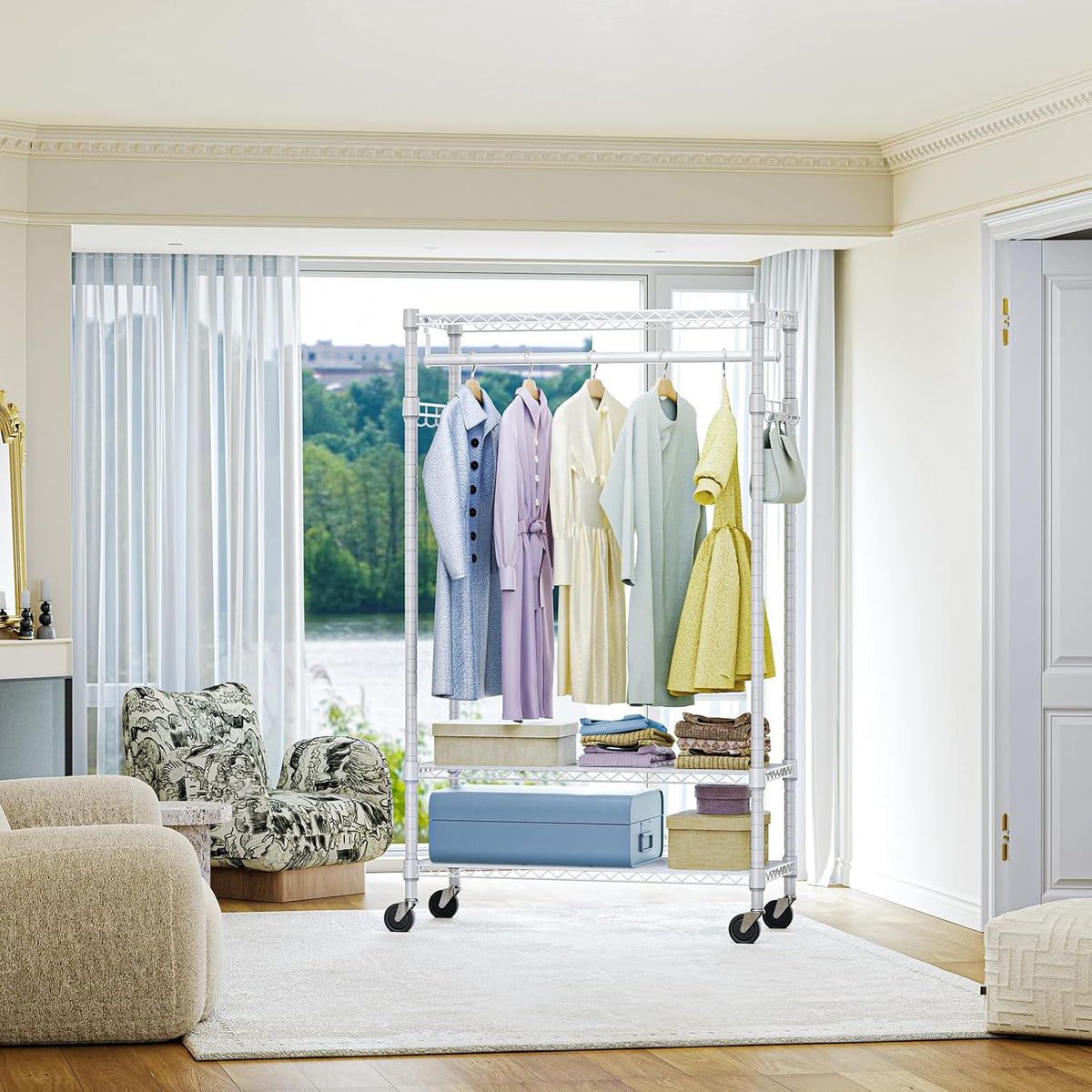 IZEUK Heavy Duty Rolling Garment Rack with 3 Adjustable Wire Shelves, Hanging Rod & Side Hooks