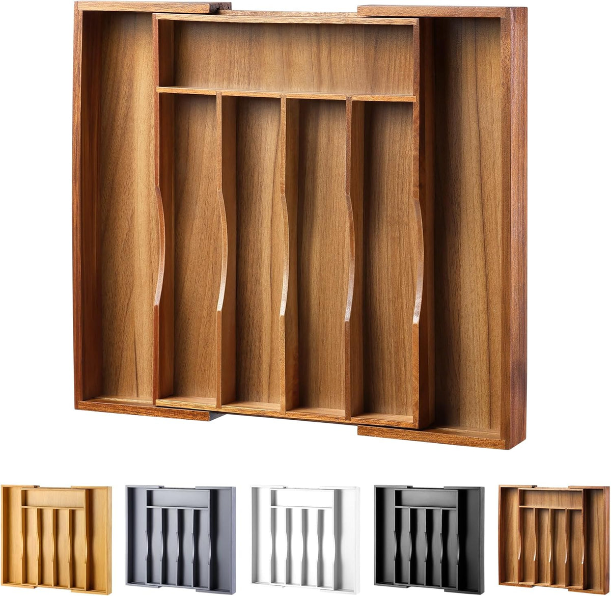 Expandable Acacia Kitchen Drawer Organizer for Cutlery and Utensils, Adjustable Acacia Wood Cutlery