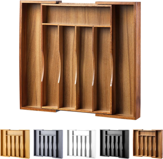 Expandable Acacia Kitchen Drawer Organizer for Cutlery and Utensils, Adjustable Acacia Wood Cutlery