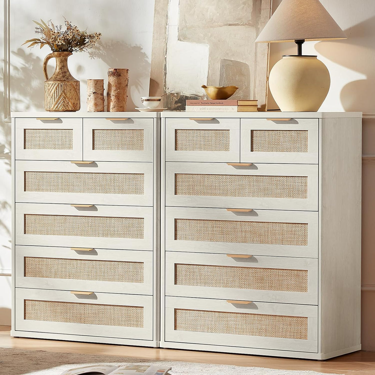 LEYAOYAO White Dresser for Bedroom Set of 2, 42" Tall Chest of Drawers, Modern 6 Drawers Boho