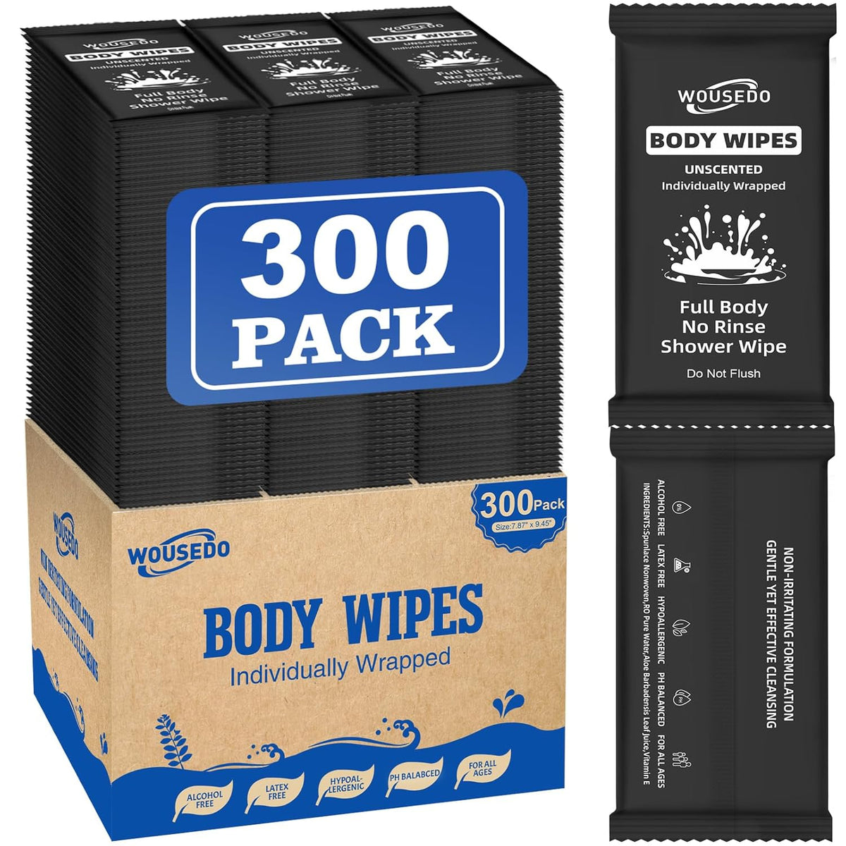 300 Pcs Ultra Thick Soft Large Body Wipes Individually Wrapped(7.87" x 9.45"),Shower Wipes for