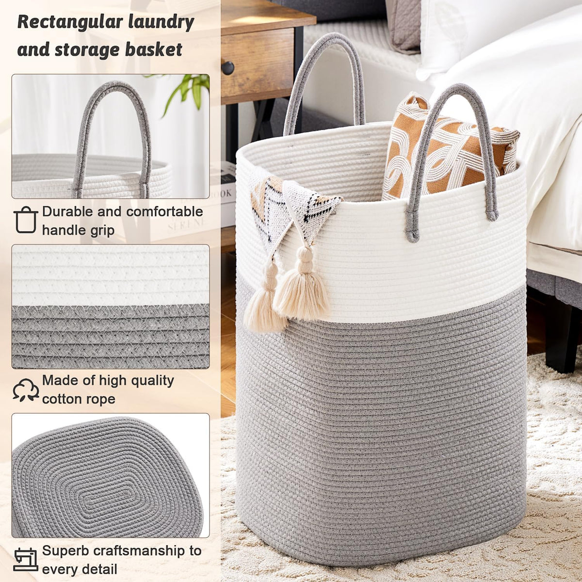 Laundry Basket,Woven Cotton Rope Laundry Hamper,Versatile Storage for Dirty Clothes,Baby Toys,and