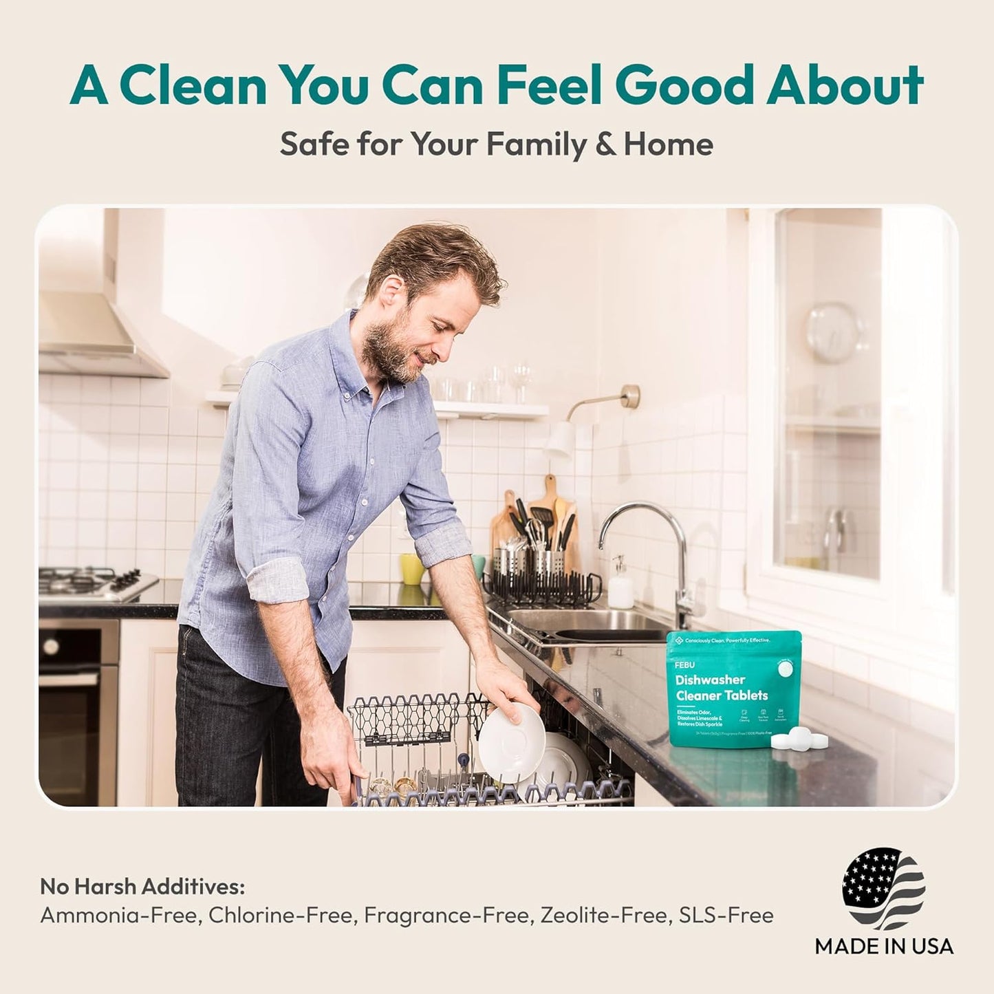 FEBU Dishwasher Cleaner Tablets Made in USA | Natural Dishwasher Cleaner and Deodorizer |