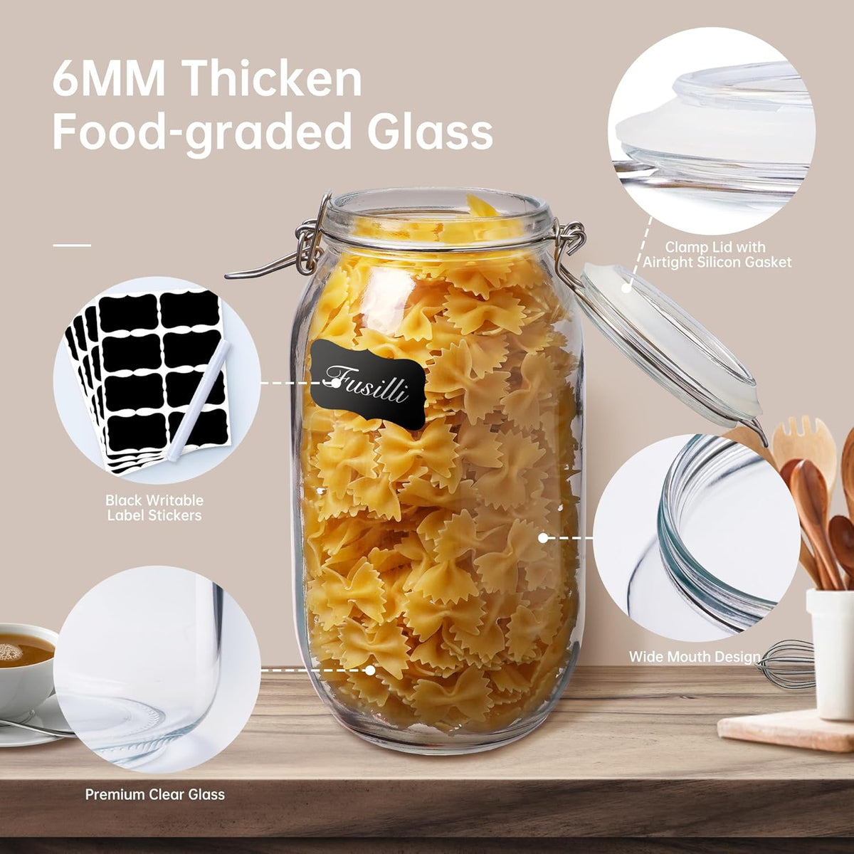 Glass Jars with Airtight Lid Set of 6, 17 floz Wide Mouth Mason Jars with Clamp Lids,Glass Sealed
