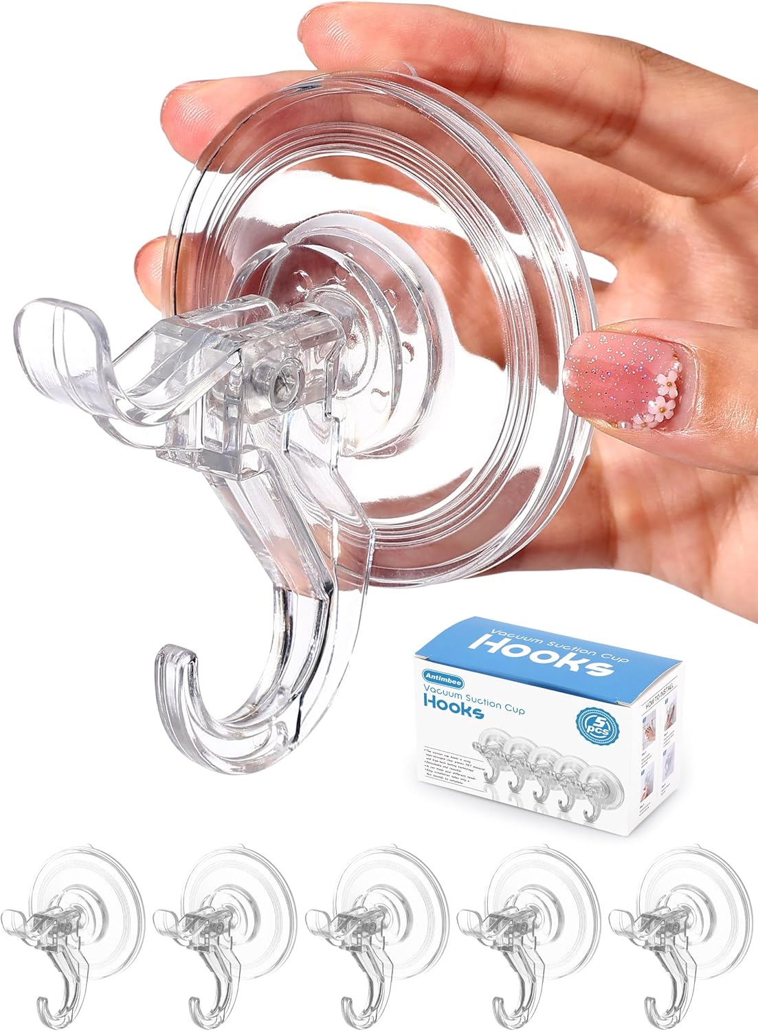 Antimbee Transparent Heavy Duty Suction Hooks, 5 Pack, Holds up to 11 lbs, Modern & Simple Design