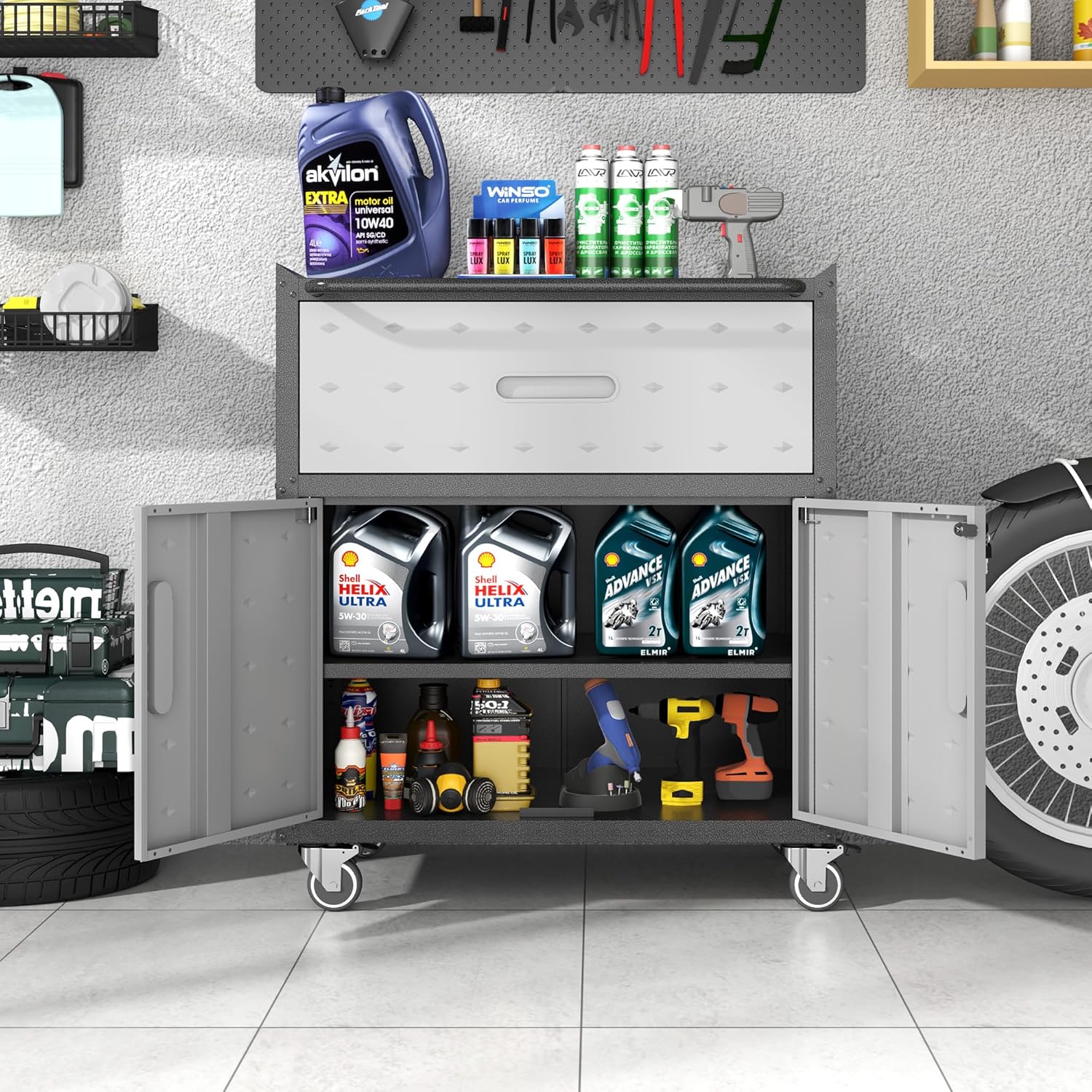 Metal Storage Cabinet with Wheels, Rolling Tool Cabinet with Adjustable Shelve, Locking Garage