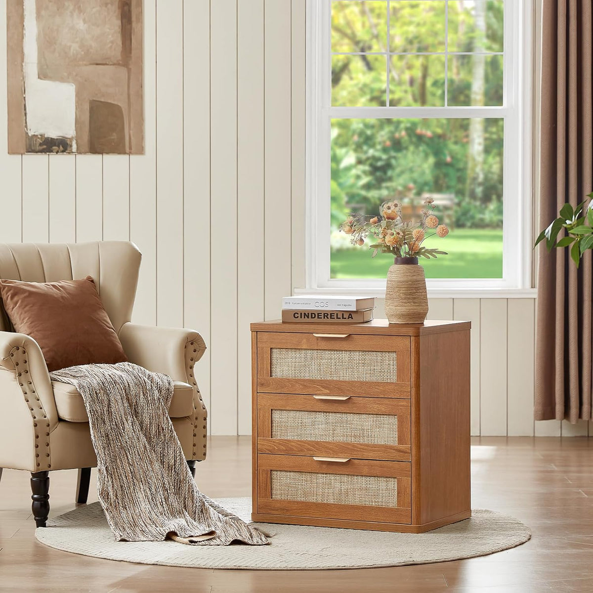 LEYAOYAO Rattan Night Stand with Drawers, 23" Large 3 Drawer Boho Nightstand, Natural Wood Bedside