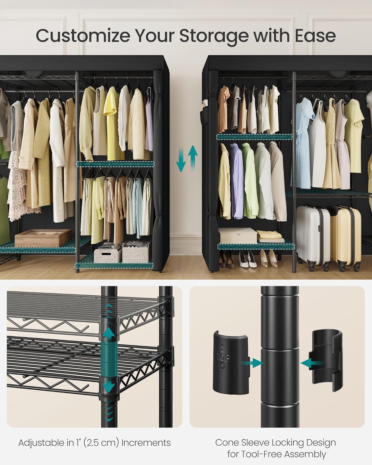 SONGMICS Heavy-Duty Clothes Rack, Garment Rack, Portable Closet, 68.7-Inch Wide Clothing Rack with