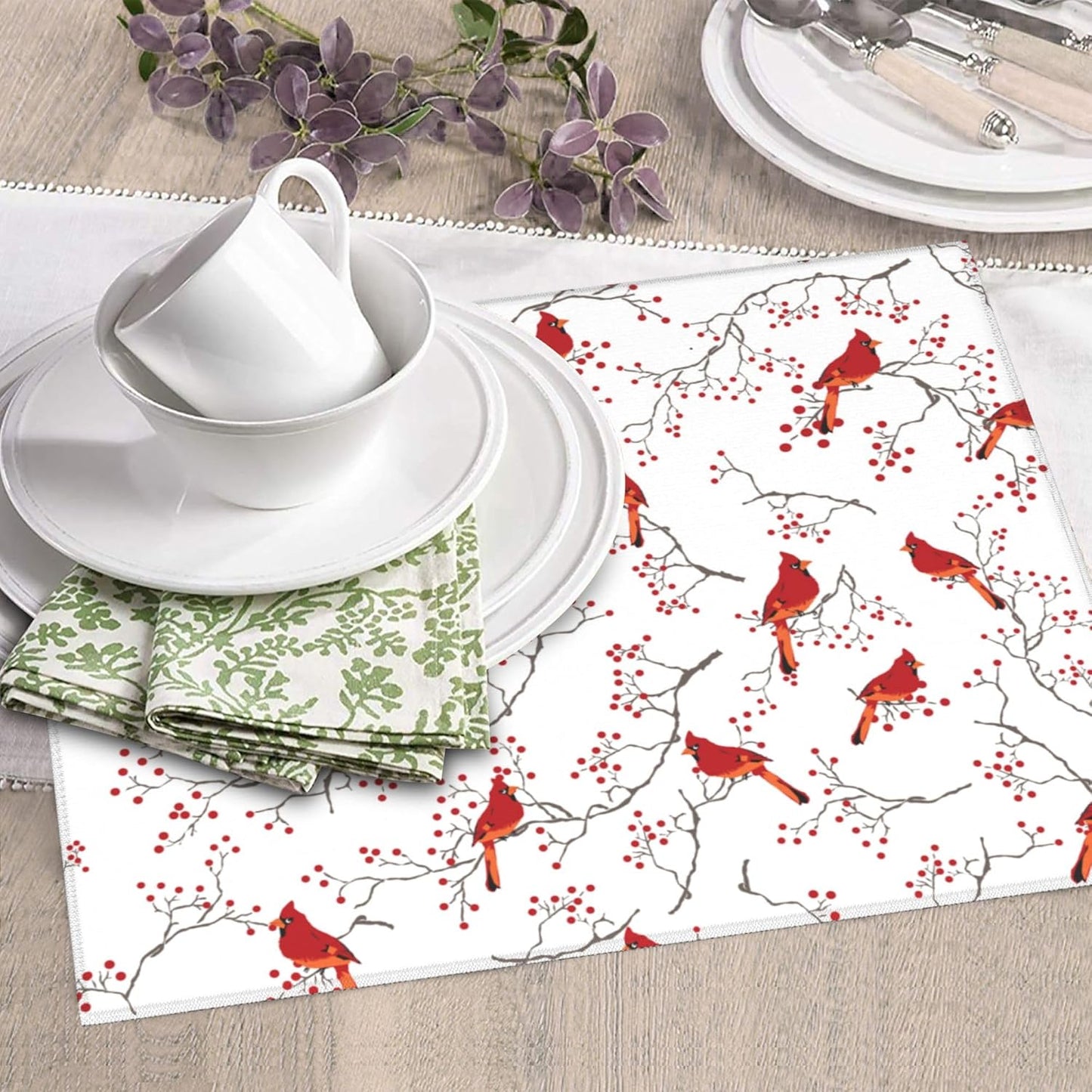 Cardinal Bird Red Berry Decor Kitchen Drying Mat Cute Microfiber Dish Drainer Mat for Kitchen