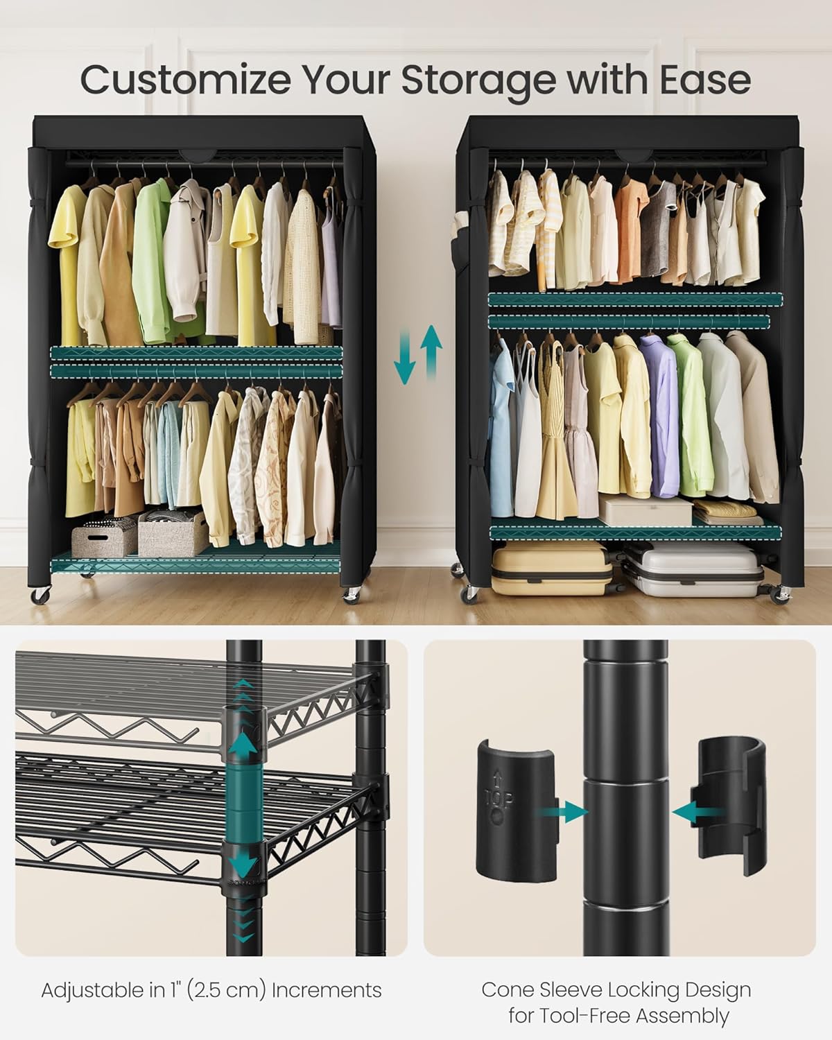 SONGMICS Heavy-Duty Rolling Clothes Rack, Garment Rack, Portable Closet, 43.3-Inch Wide Clothing