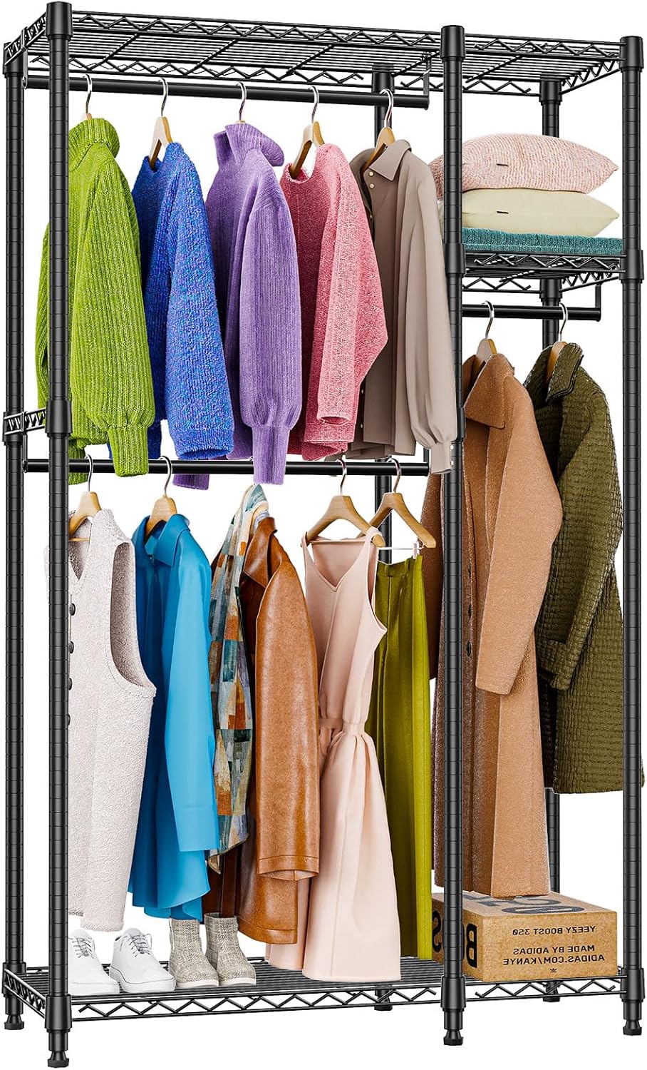 Heavy Duty Rolling Garment Rack 3 Tiers Adjustable Wire Shelving Clothes Rack with 1 Rods and Side