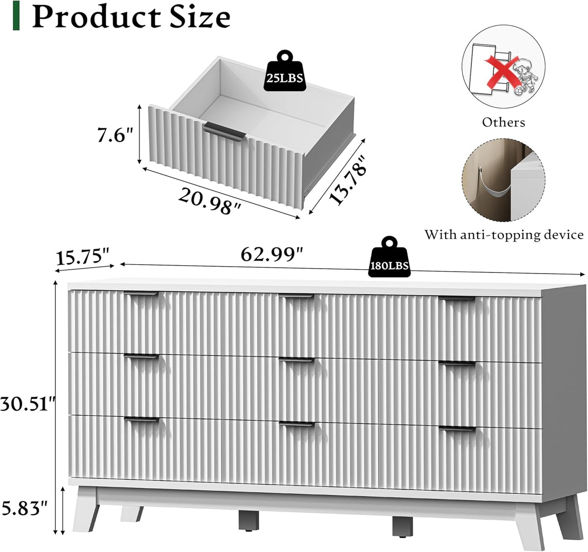 Fluted Dresser with 9 Drawers, 63" Wide Modern Chest of Drawers with Metal Handle, Wooden Dresser