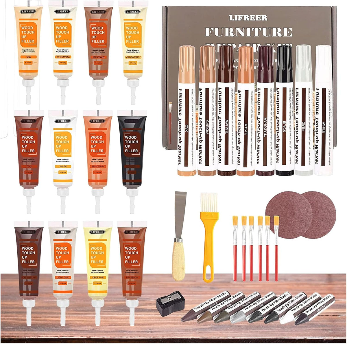 Lifreer Wood Furniture Repair Kit - 40 Pcs Wood Filler, Touch Up Markers with Wax Sticks - for Wood