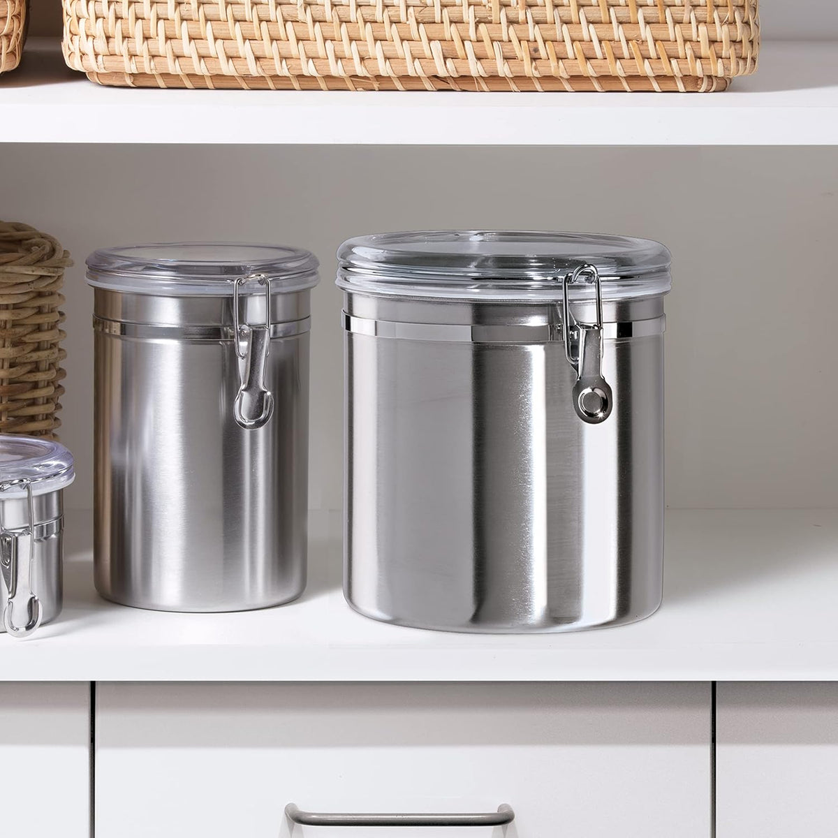 Oggi Stainless Steel Kitchen Canister 62 fl oz - Airtight Clamp Lid, Clear See-Thru Top - Ideal for