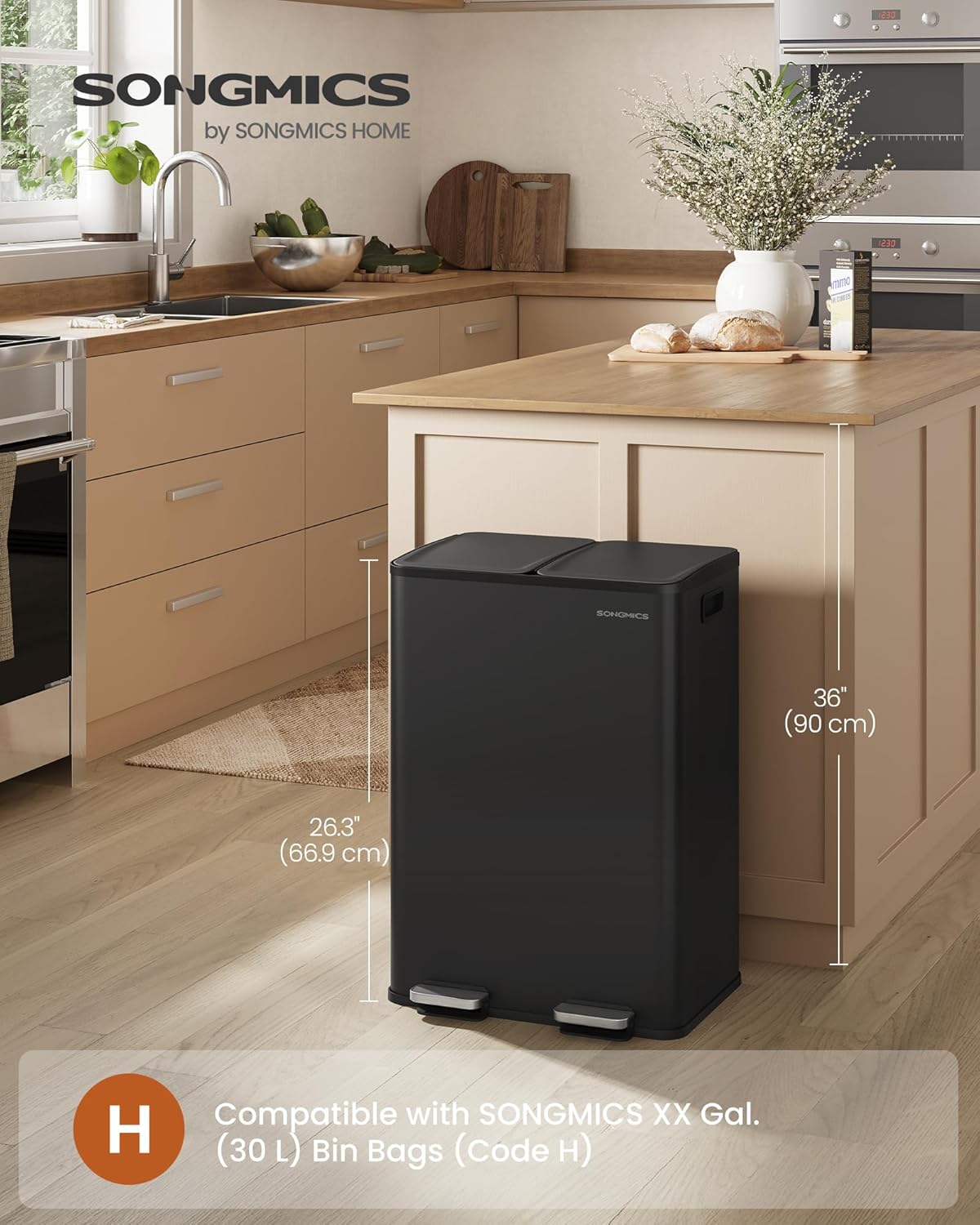 SONGMICS Trash Can, 2 x 8 Gallon (2 x 30 L) Dual-Compartment Garbage Can with Soft-Close Lid, Pedal