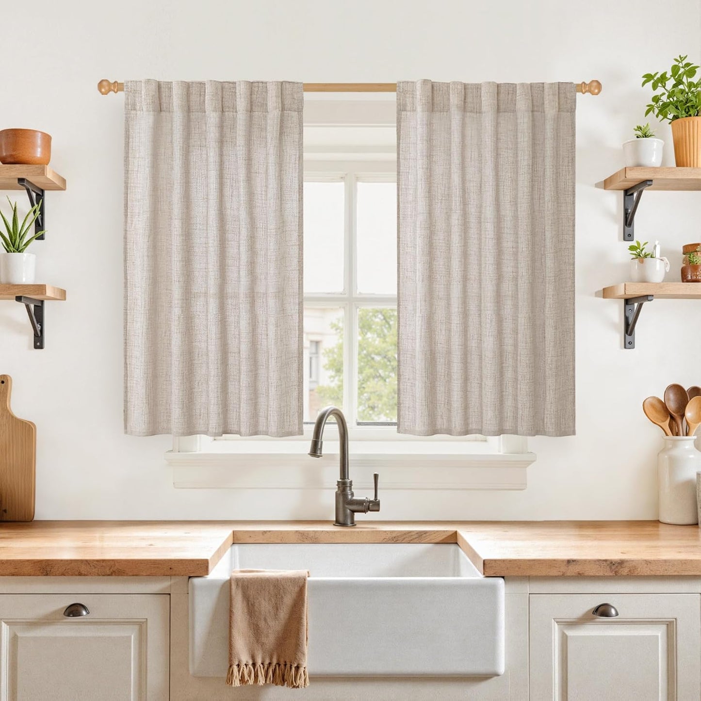 YoungsTex Short Linen Curtains 40 Inch Length for Cafe Kitchen Window Over Sink, Semi Sheer Drapes