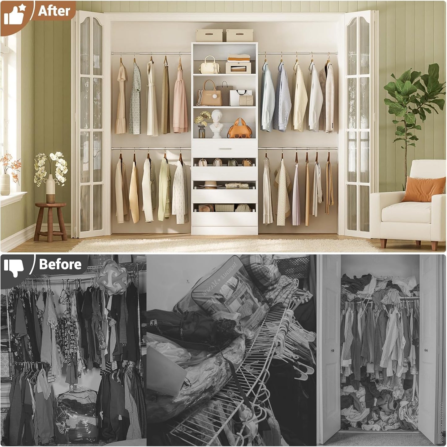 Aheaplus Closet System, 4-9Ft Closet Organizer with 4 Wooden Drawers, Wood Closet Organizer System