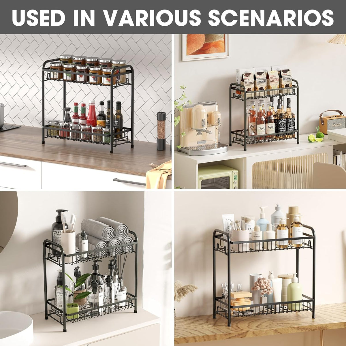 Spice Rack for Countertop, 2-Tier Standing Sturdy Metal Seasoning Organizer Holder, Space Saving
