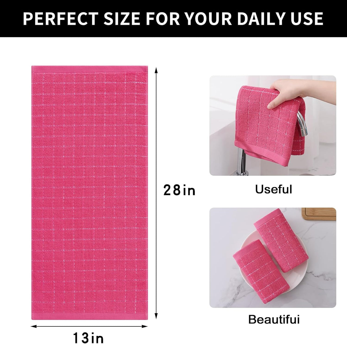 Homaxy 100% Cotton Terry Kitchen Towels(Rose Red, 13 x 28 inches), Checkered Designed, Soft and