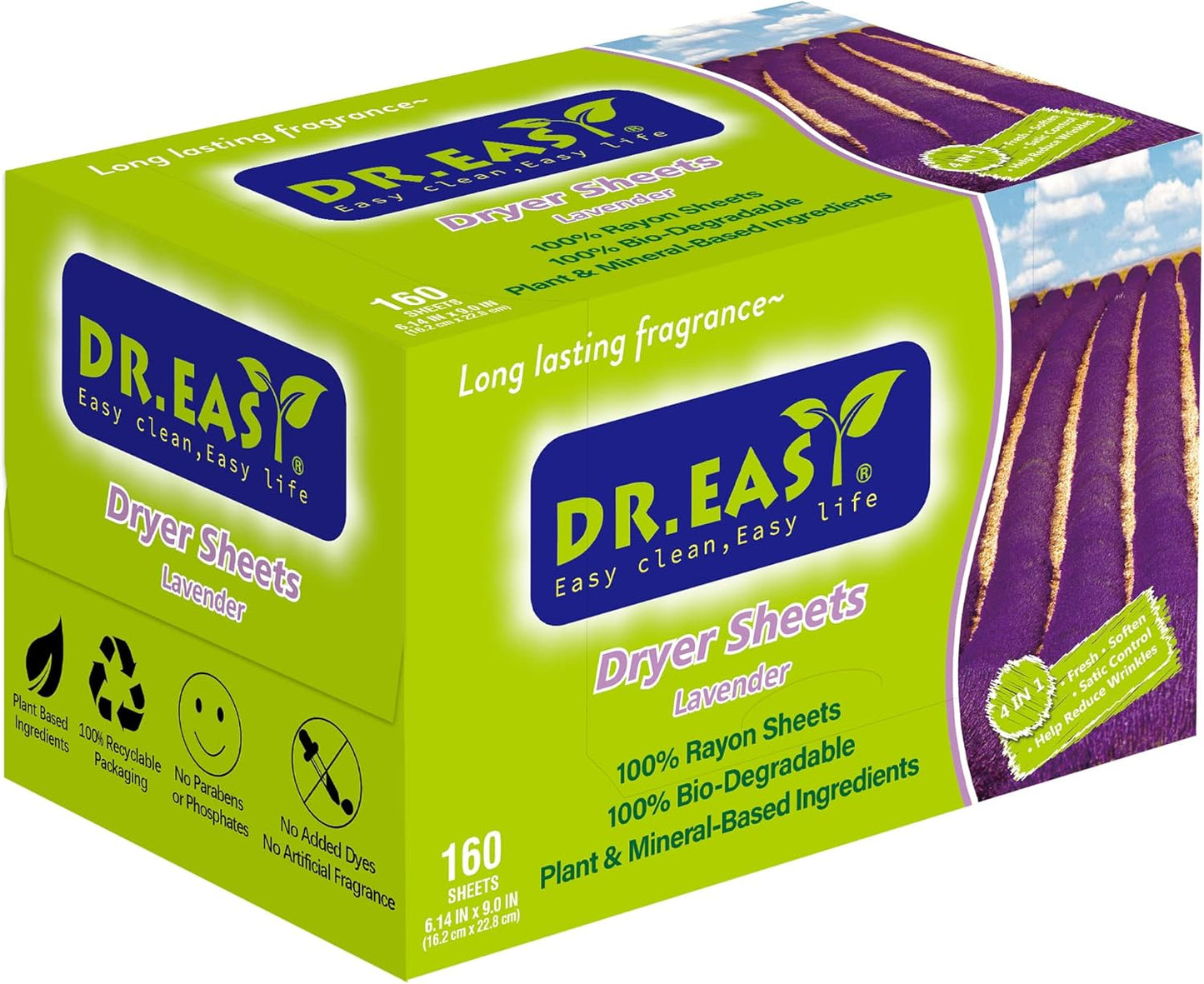 Dr.Easy Dryer Sheets Lavender Plant Based all ingredients for Sensitive Skin 160 Ct 100% Rayon