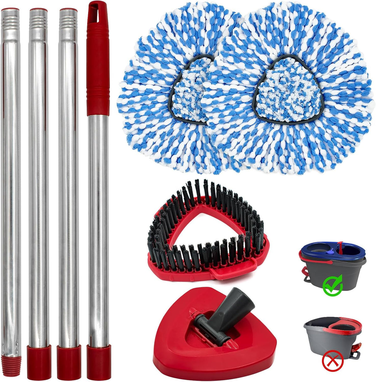Spin Mop Handle,Mop Heads Replacements,Scrubber Mop Head and Mop Base Combo Set Compatible with