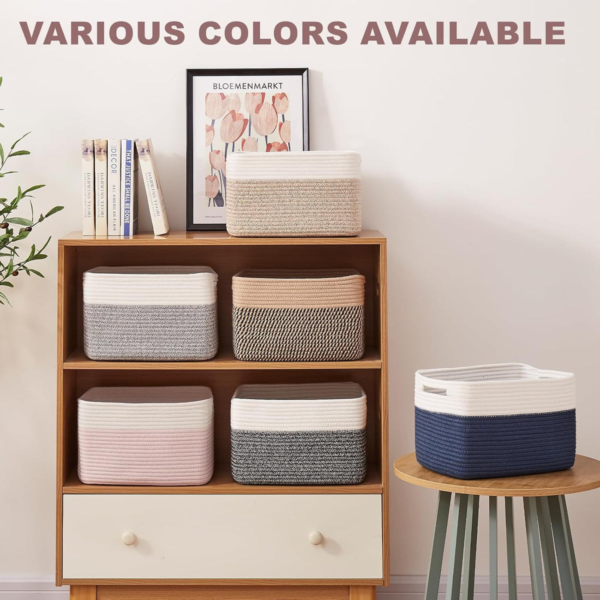 OIAHOMY 4 Pack Storage Baskets for Organizing, Basket for Shelves with Handle, Woven Baskets for