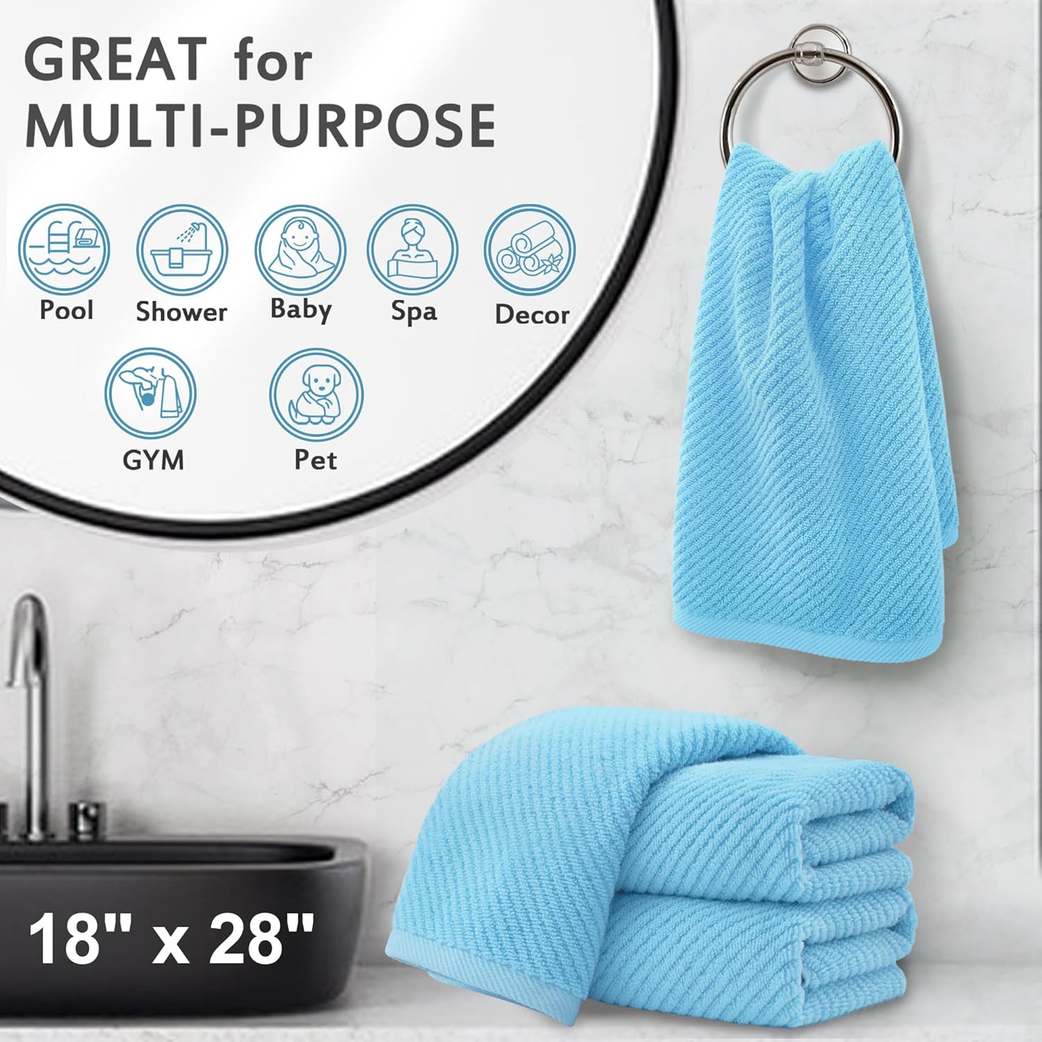 VOOVA & MOVAS Hand Towels for Bathroom Set of 4，Large 18"x 28" - 100% Cotton | Lightweight | Thick