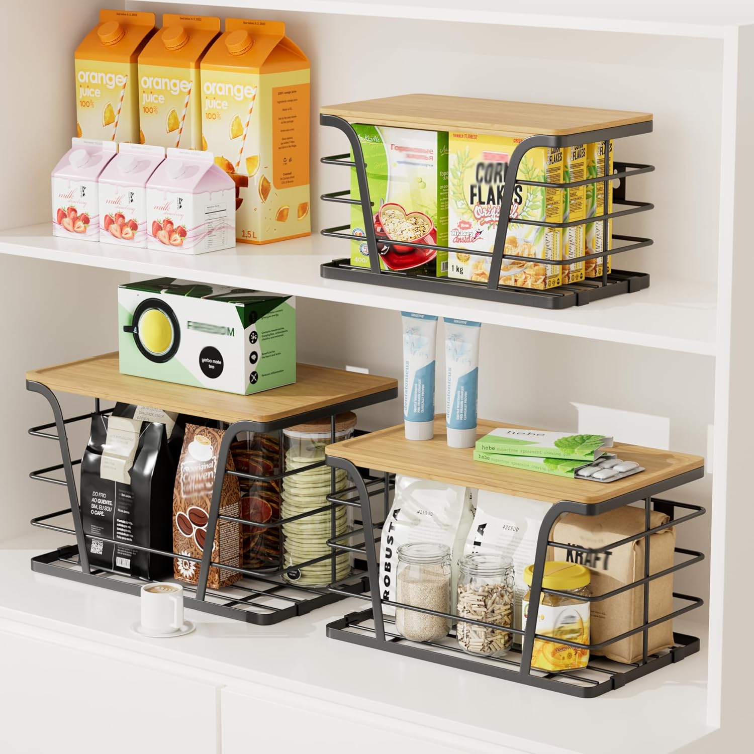3 Pack Stackable Pantry Organizer, Trash Bag Dispenser Under Sink, Kitchen Organization and