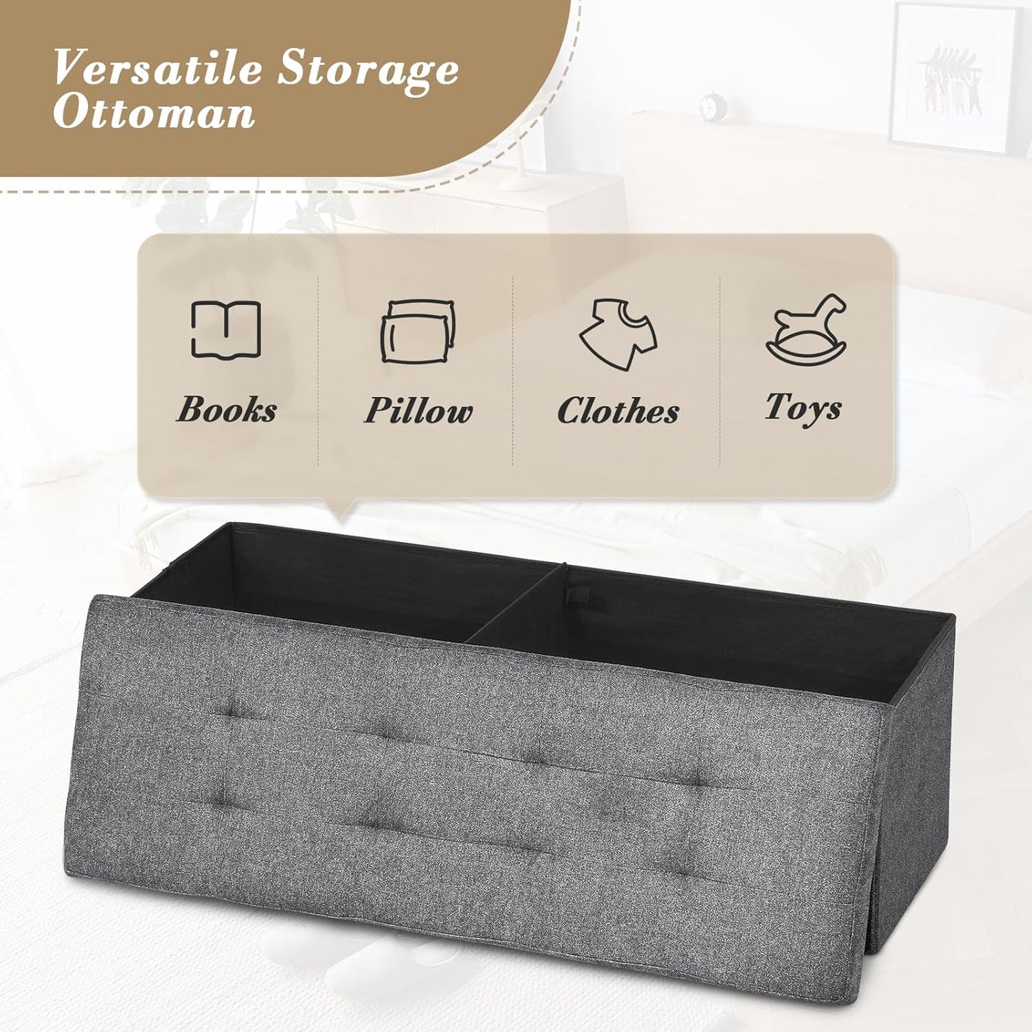 Athena Collection 43" Storage Ottoman Bench Folding Bench with 130L Hidden Storage, Large End of