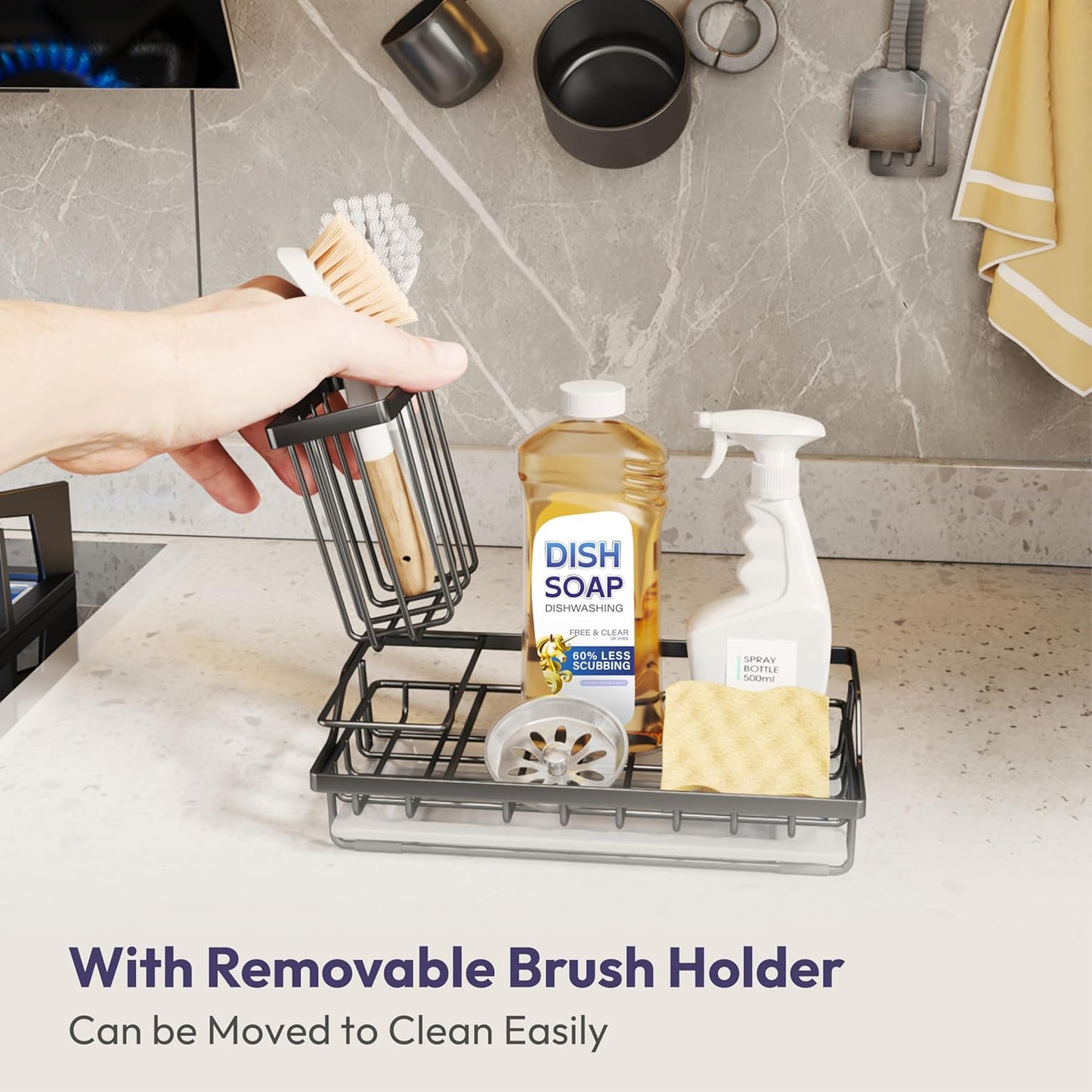 SWTYMIKI Large Sink Caddy Kitchen Sink Organizer with Detachable Brush Holder, Stainless Steel