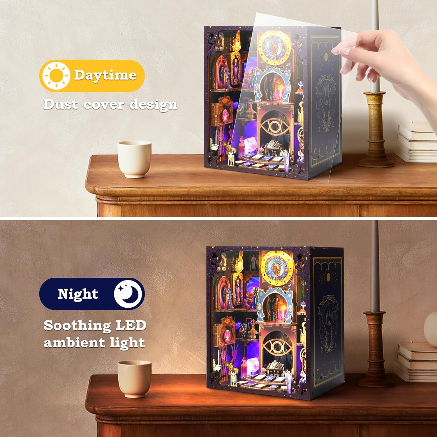 Book Nook Kit - DIY Miniature Dollhouse with LED Lights for Adults & Teens, Fantasy Tarot-Themed 3D