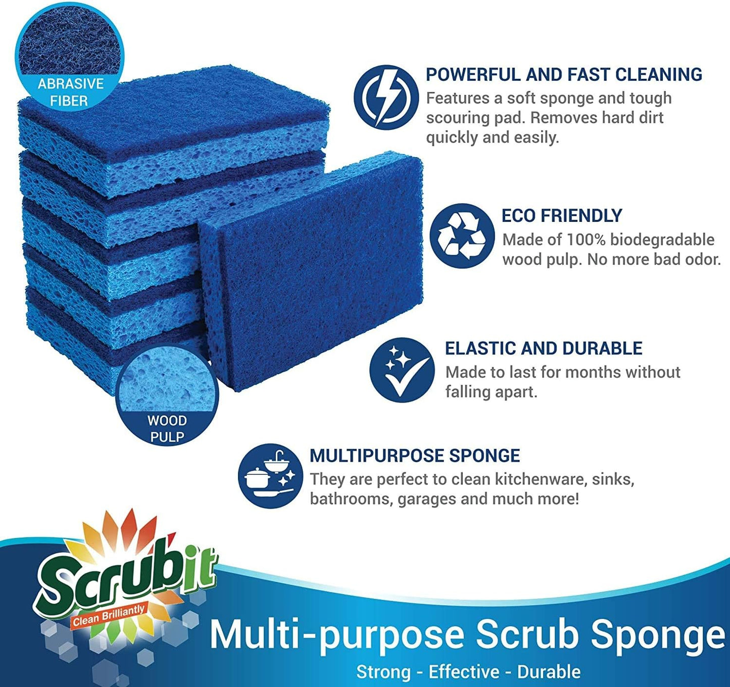 SCRUBIT Kitchen Scrub Sponges - Non-Scratch Dishwashing Sponge for Cleaning Dishes, pots and Pans