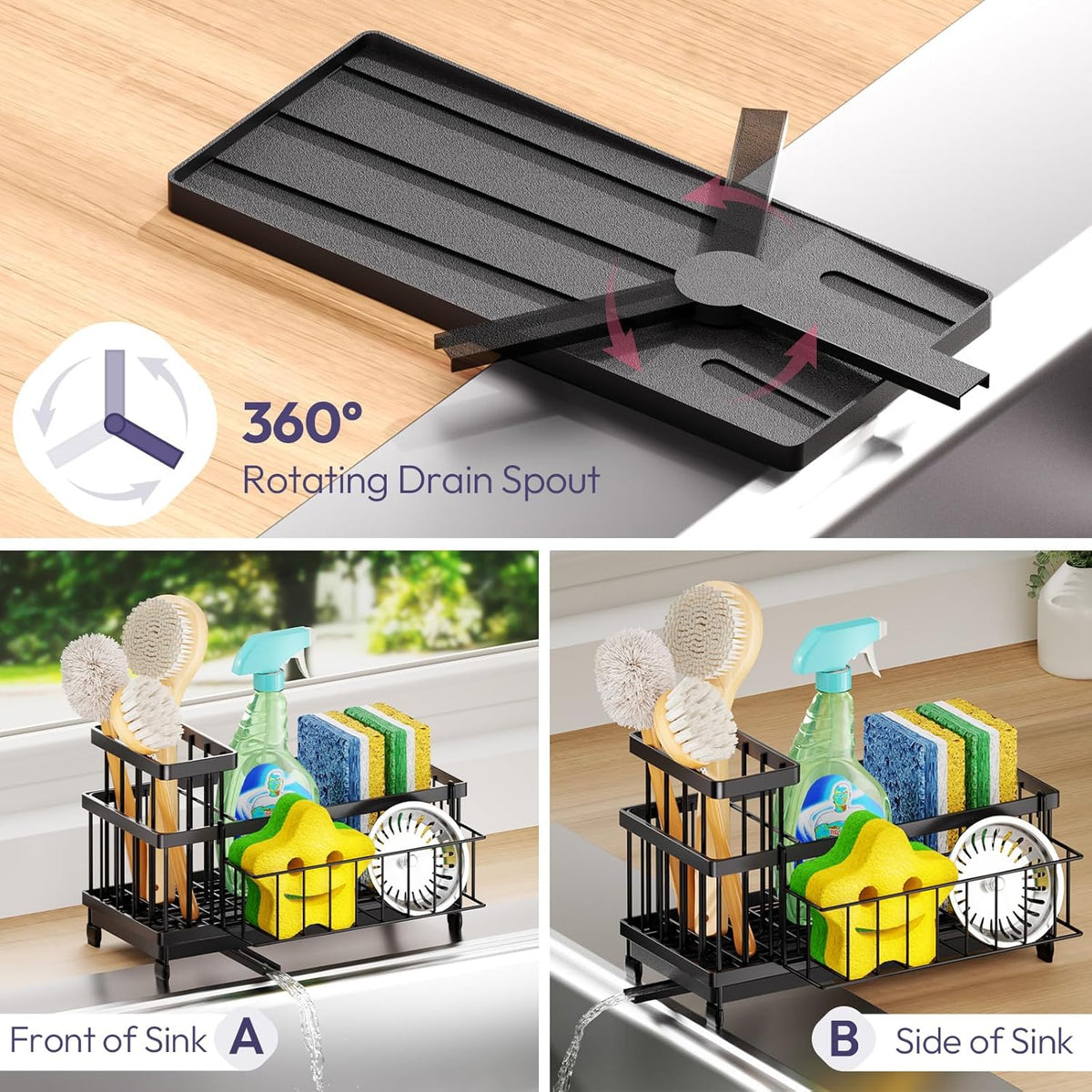 SWTYMIKI Sink Caddy Sponge Holder - Large Sponge Holder for Kitchen Sink with 360°Auto-Drain Tray