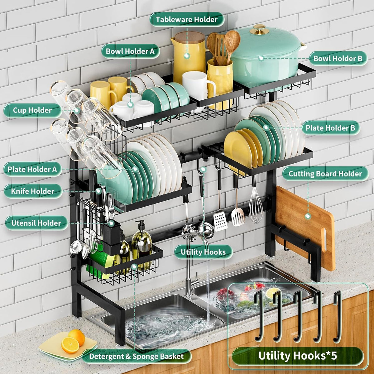 Over The Sink Dish Drying Rack,Expandable Length 3-Tier Large Stainless Steel Over The Sink Dish