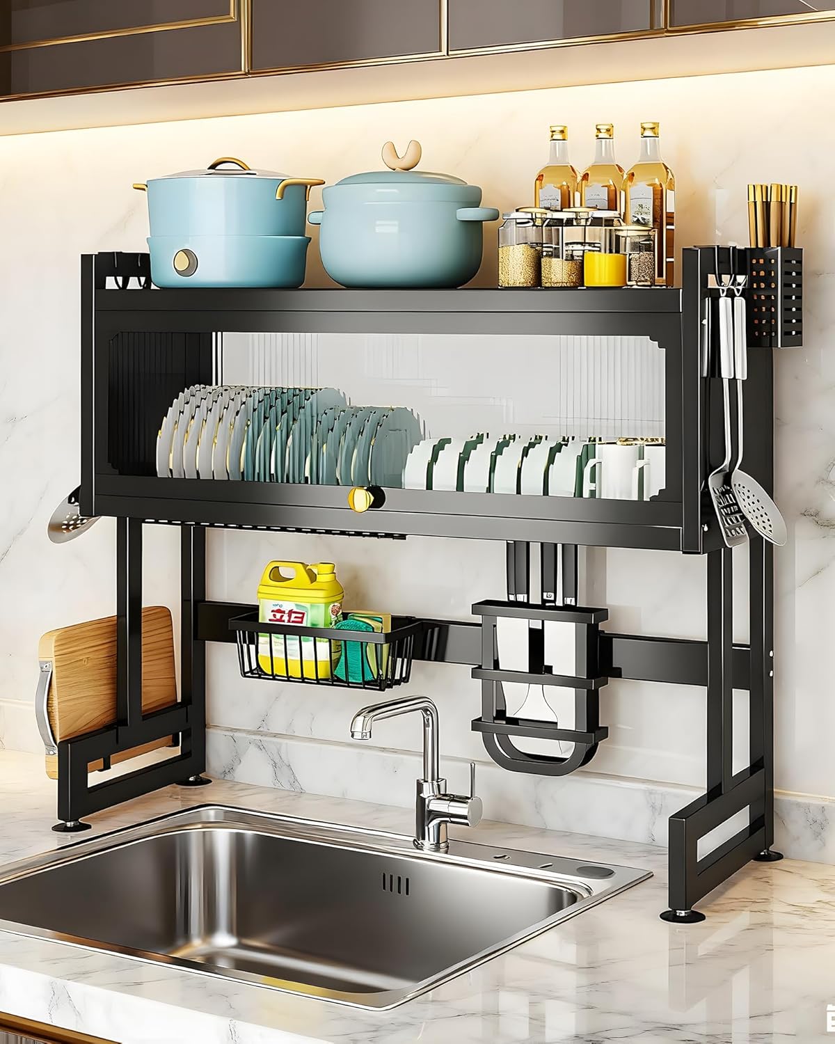 Over The Sink Dish Drying Rack 3-Tier Dish Drainer Racks with Cover Space-Saving Kitchen Organizer