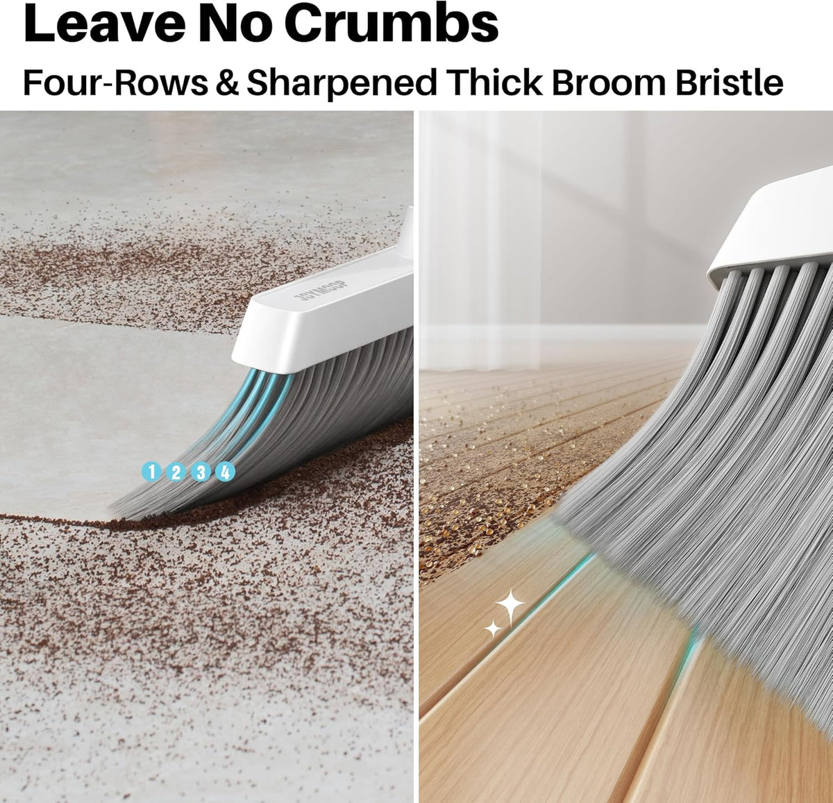 JOYMOOP White Broom and Dustpan Set, Upright Angle Design with Built-in Comb Teeth for Kitchen