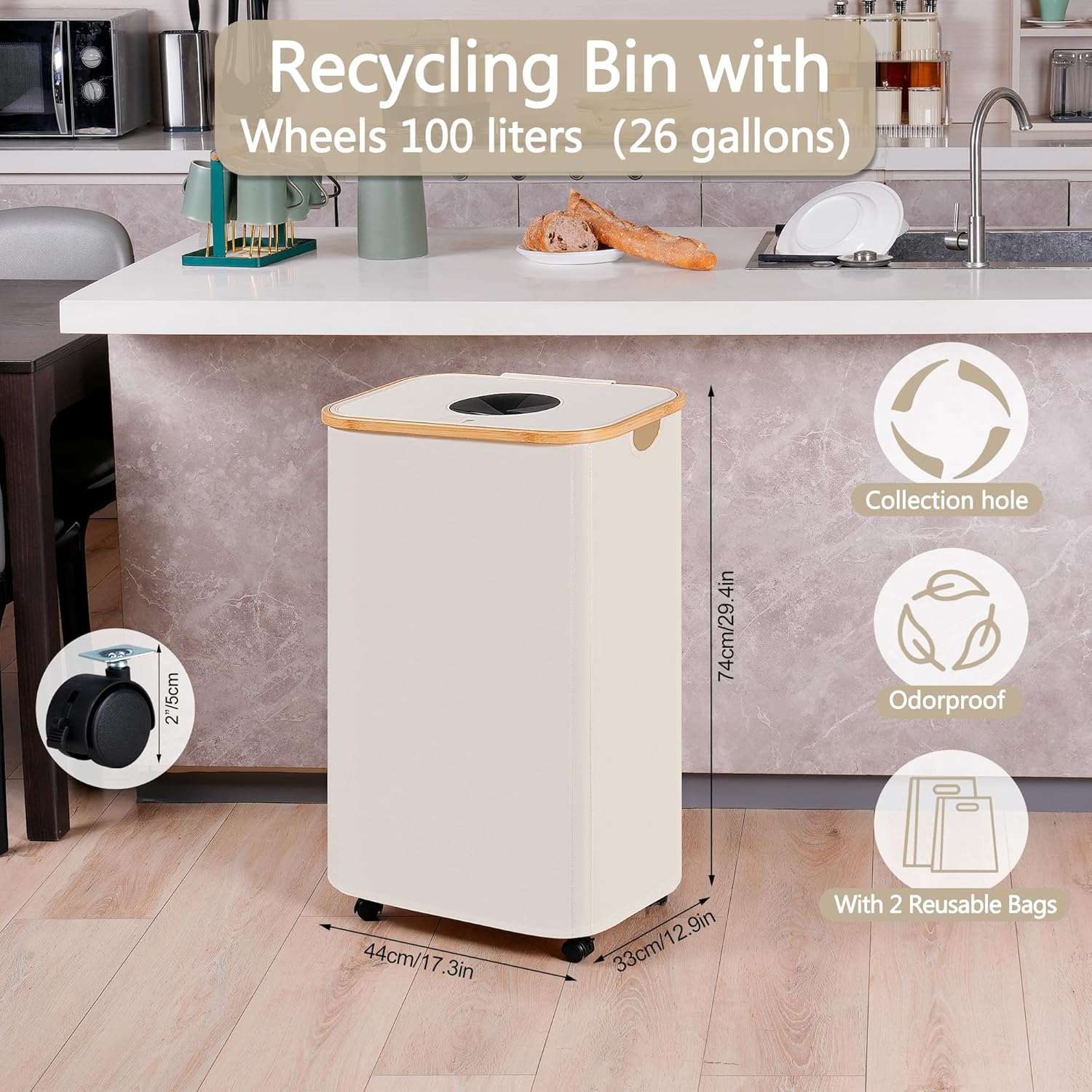 efluky Recycle Bins for Kitchen 100L (26 Gallon), Recycling Bin with Wheels and 2 Removeable and