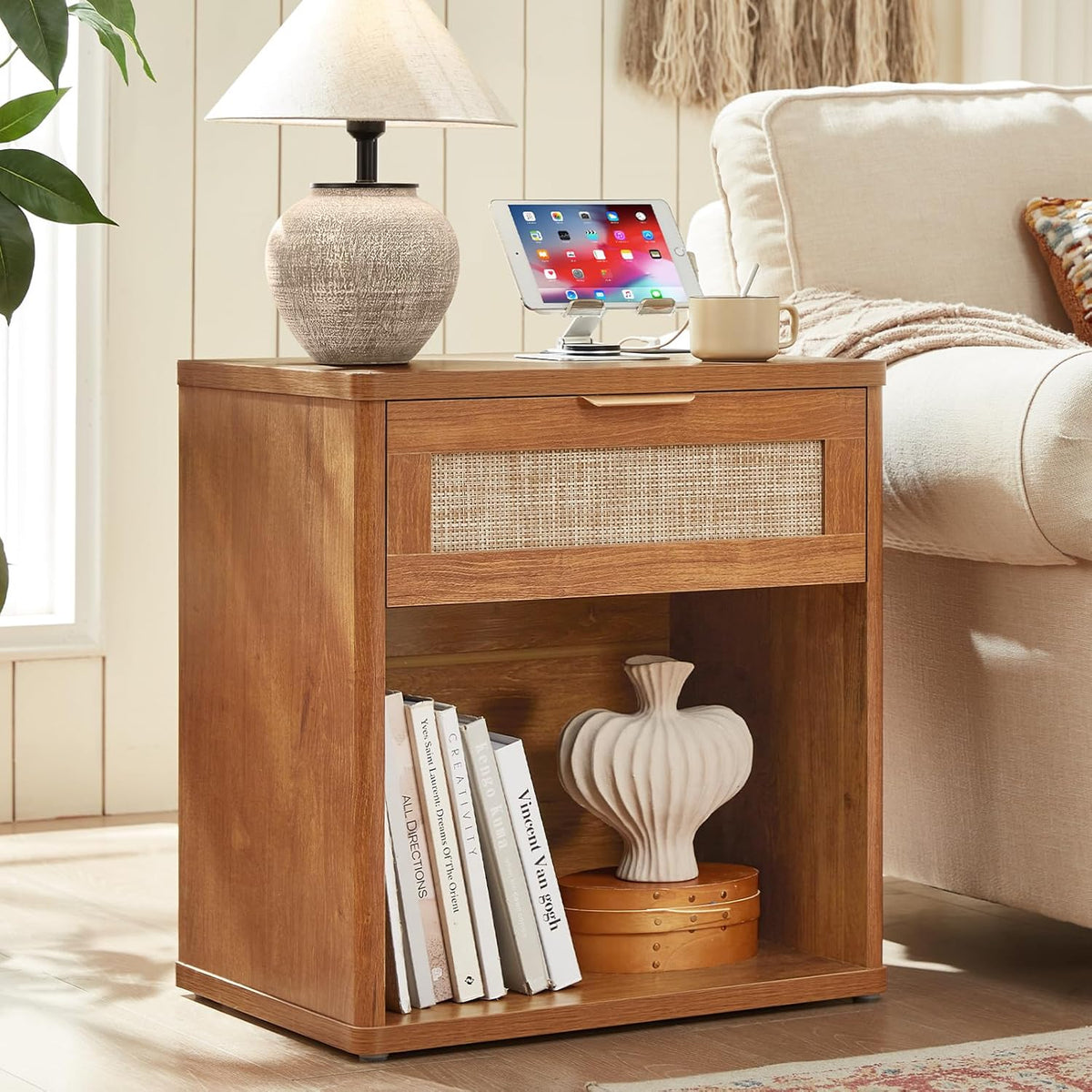 LEYAOYAO Rattan Nightstand with Charging Station, 23" Wide Boho Night Stand with Drawer, Natural