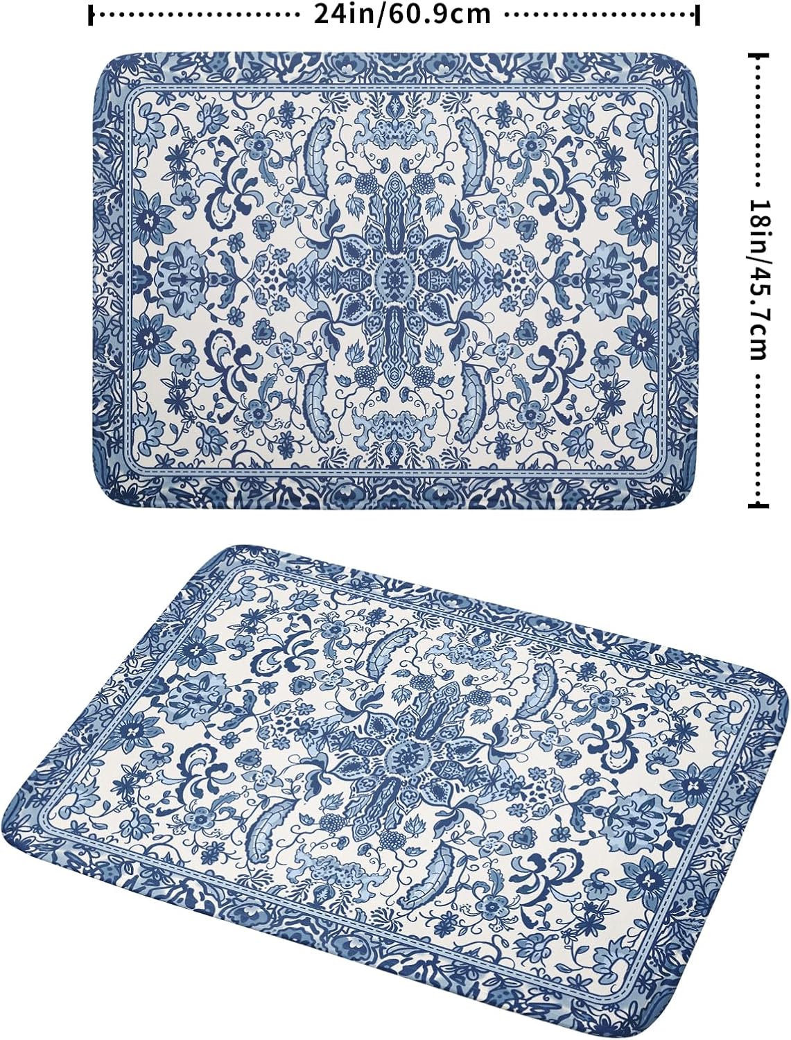 Chinoiserie Floral Dish Drying Mat for Kitchen Counter Blue and White Flowers Pattern Dish Drying