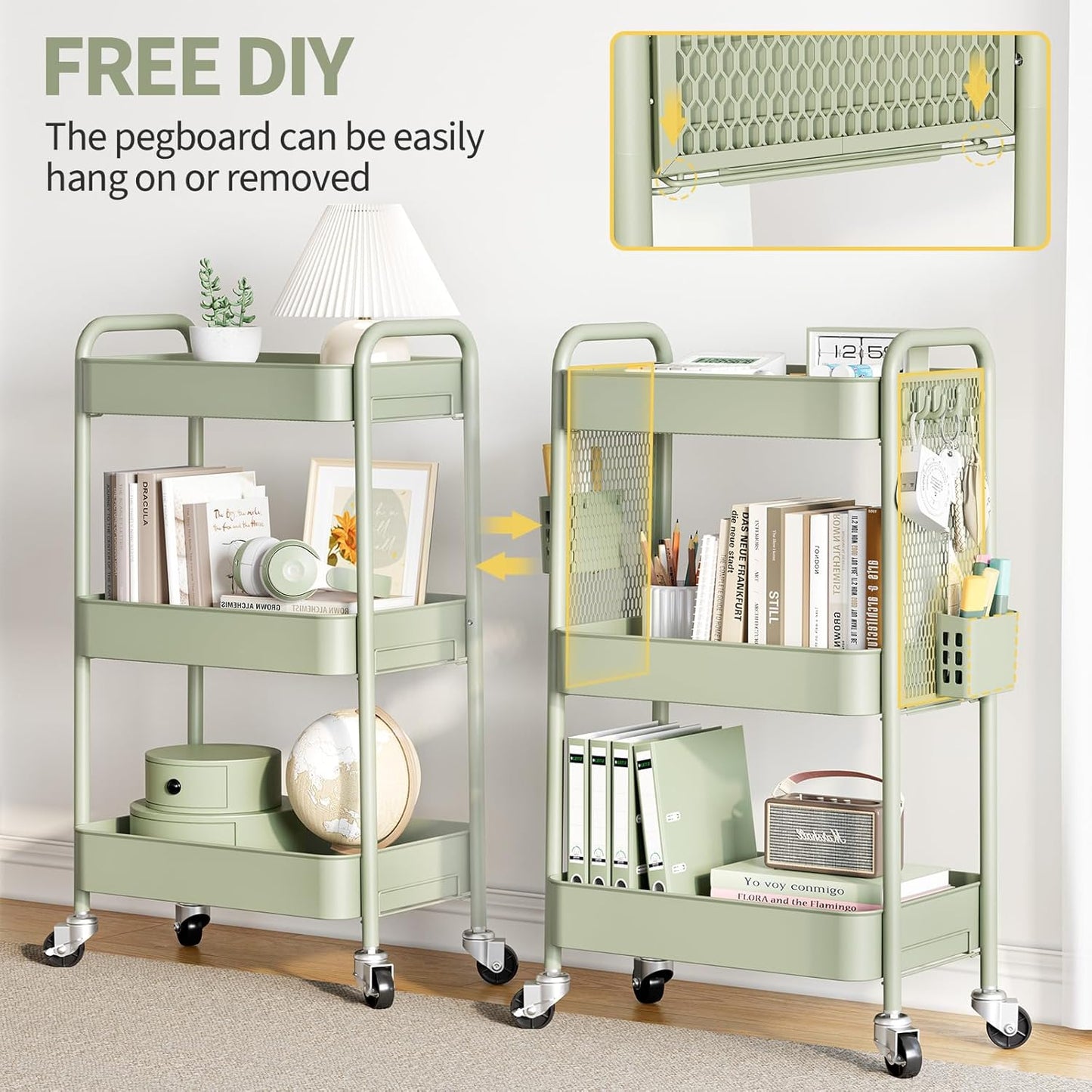 TOOLF 3 Tier Rolling Cart Storage Organizer, Metal Rolling Utility Cart with Wheels, Hooks & Bins