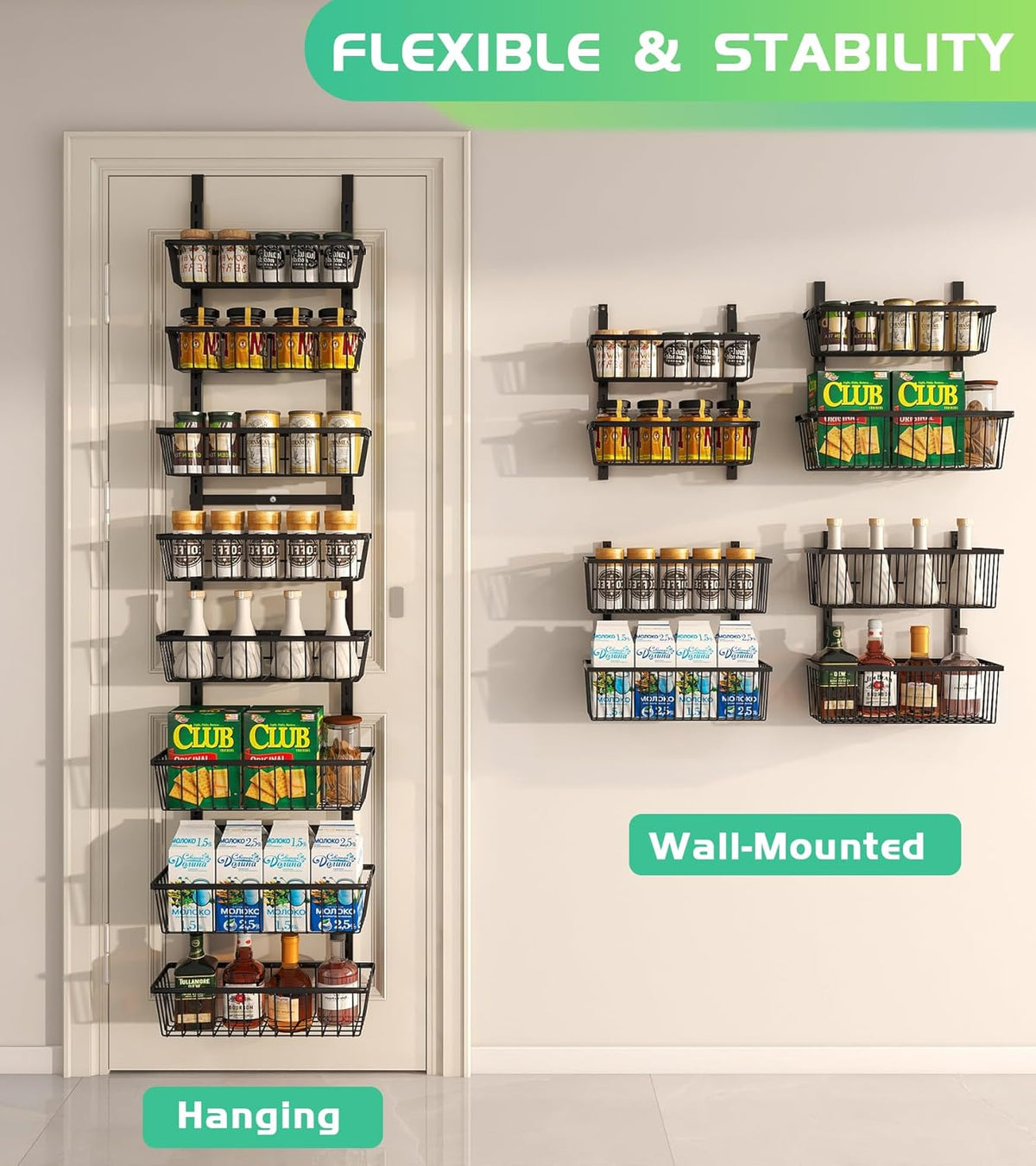 12 Inch Wide Narrow Over The Door Pantry Organizer, Pantry Organization and Storage, Black 8-Tier